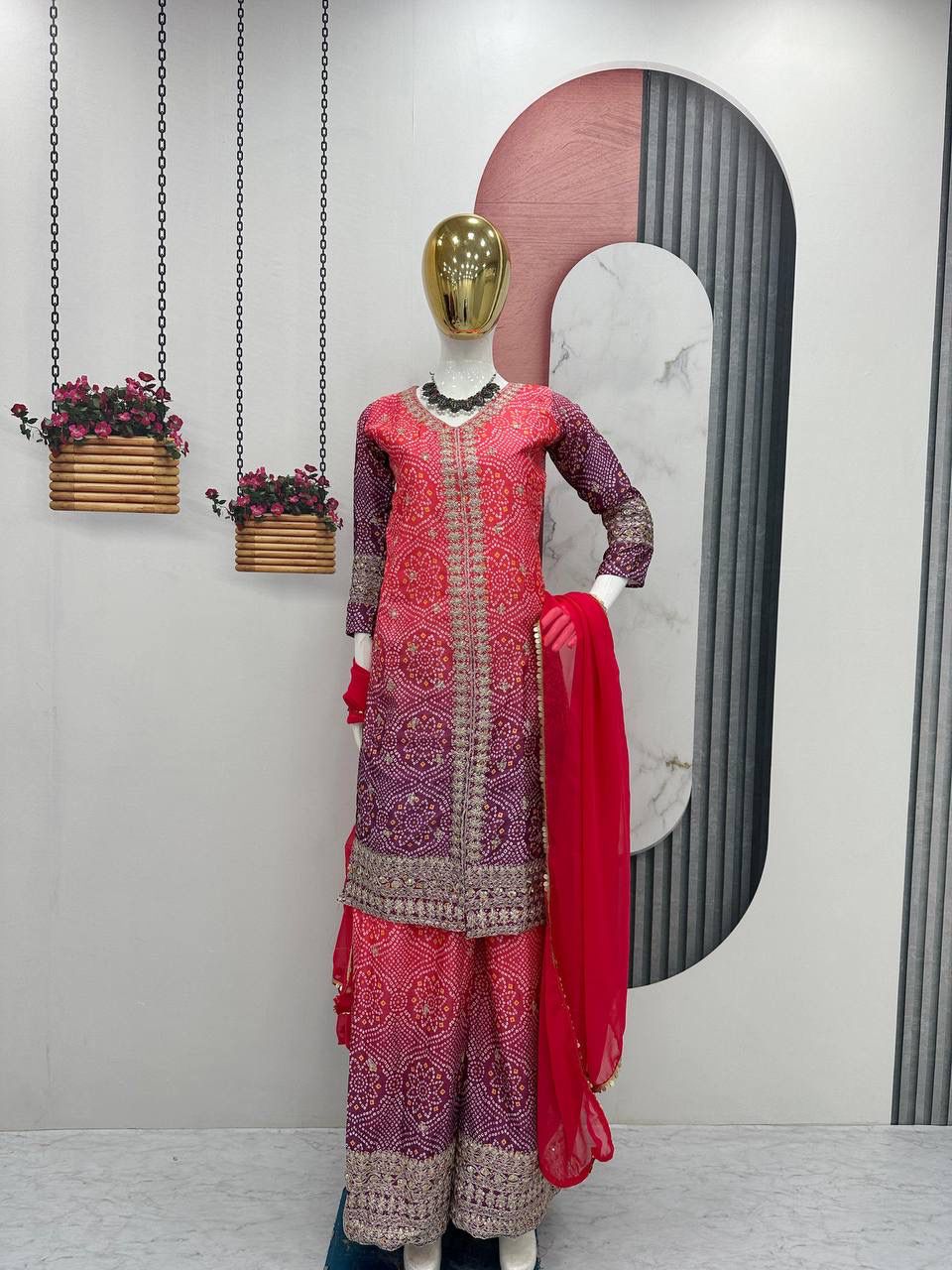 HEAVY SEQUENCE WORK CHINON TOP AND PALAZZO