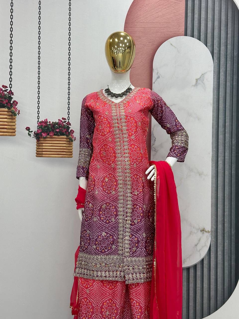 HEAVY SEQUENCE WORK CHINON TOP AND PALAZZO