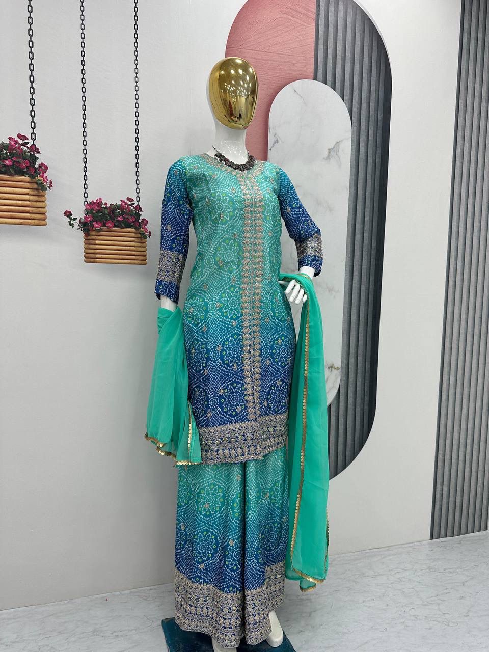 HEAVY SEQUENCE WORK CHINON TOP AND PALAZZO