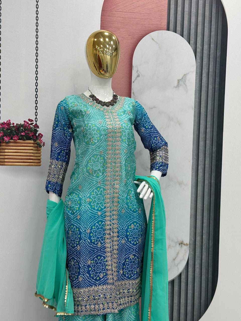 HEAVY SEQUENCE WORK CHINON TOP AND PALAZZO