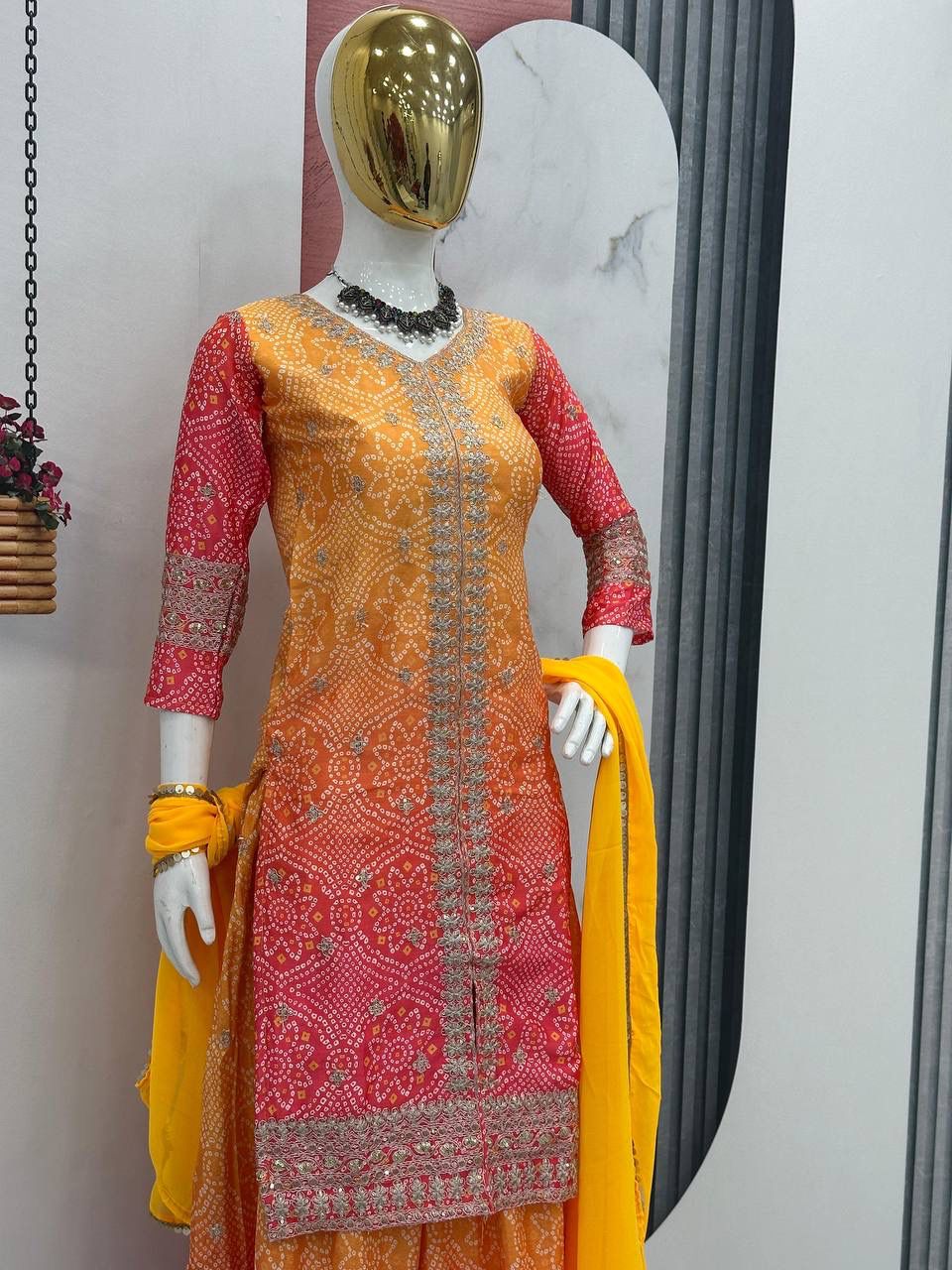 HEAVY SEQUENCE WORK CHINON TOP AND PALAZZO