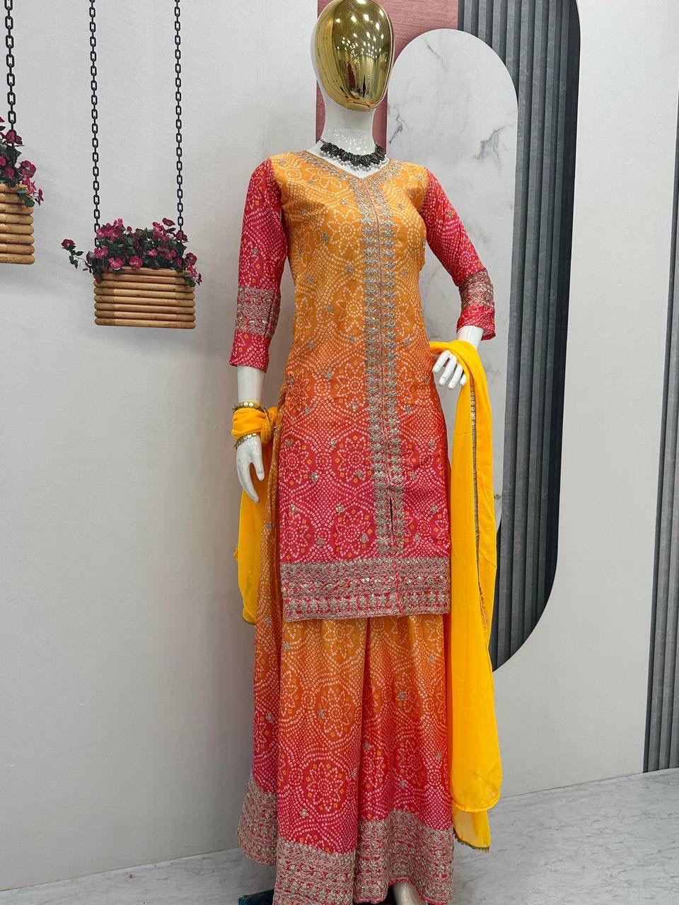 HEAVY SEQUENCE WORK CHINON TOP AND PALAZZO