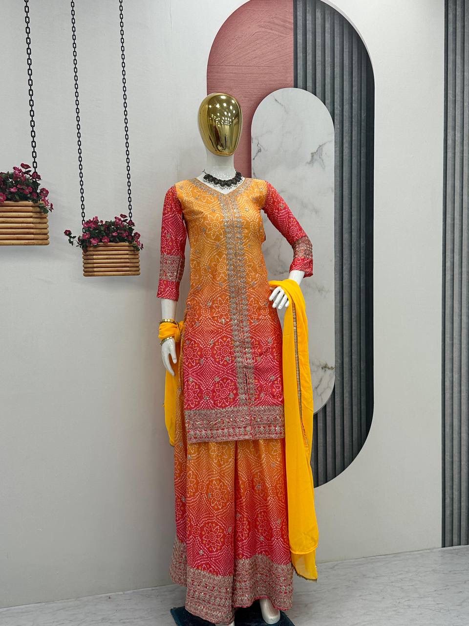 HEAVY SEQUENCE WORK CHINON TOP AND PALAZZO