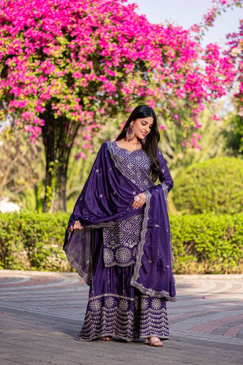 PARTY WEAR CHINON SILK KURTI PALAZZO WITH DUPATTA