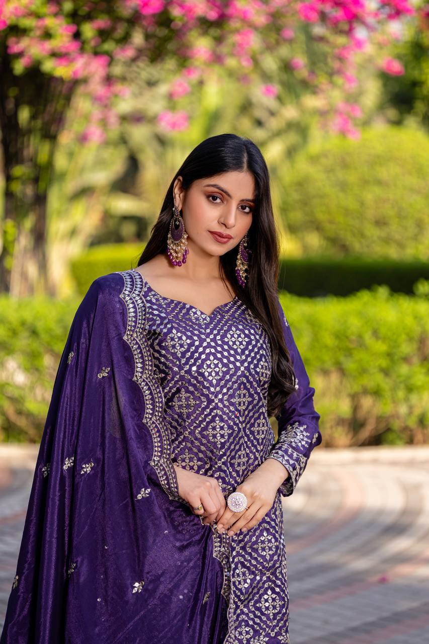 PARTY WEAR CHINON SILK KURTI PALAZZO WITH DUPATTA