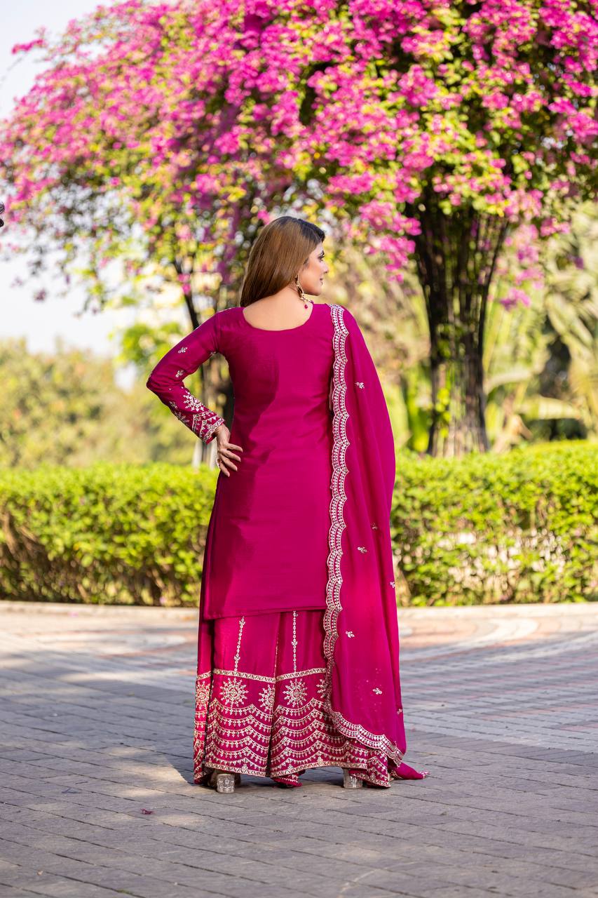 PARTY WEAR CHINON SILK KURTI PALAZZO WITH DUPATTA