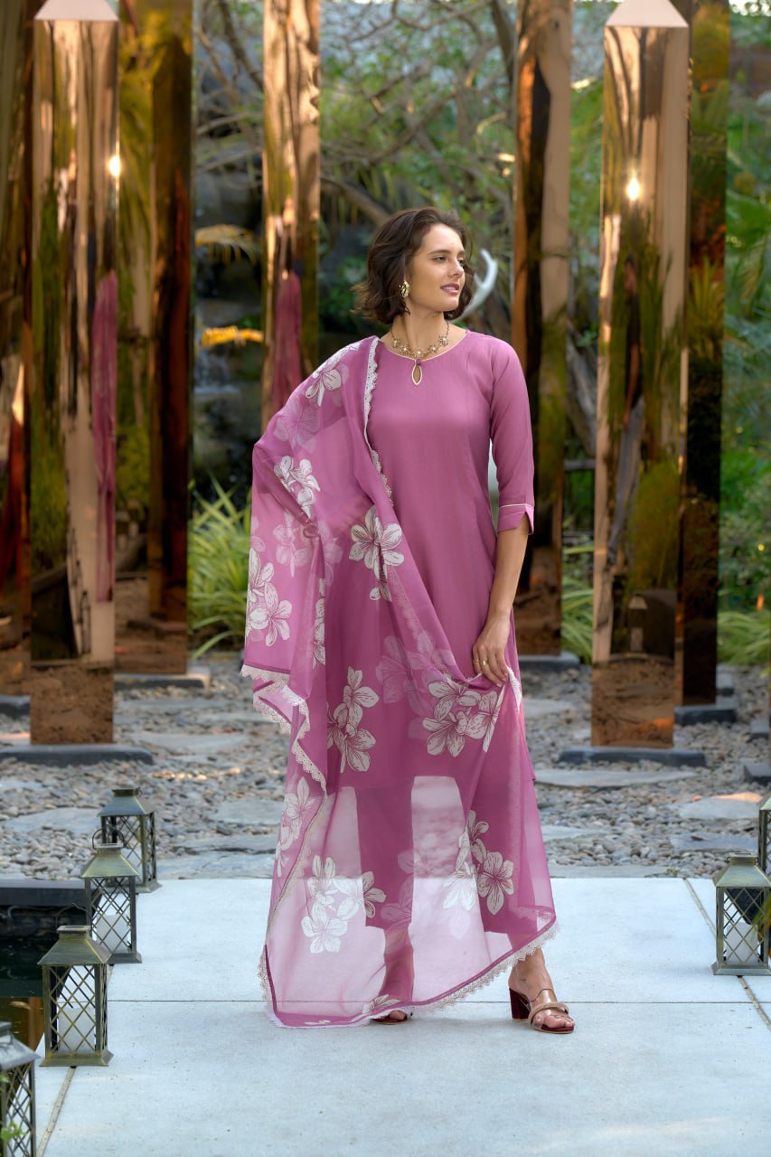 EMBROIDERY NECKIINE WORK STRAIGHT KURTI SET