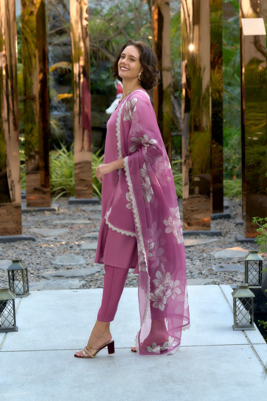 EMBROIDERY NECKIINE WORK STRAIGHT KURTI SET