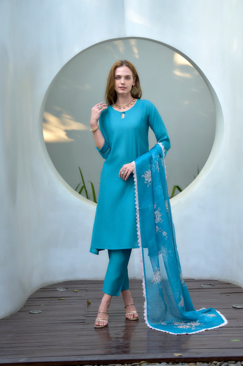 SKY BLUE VATICAN FABRIC KURTI SET WITH DUPATTA