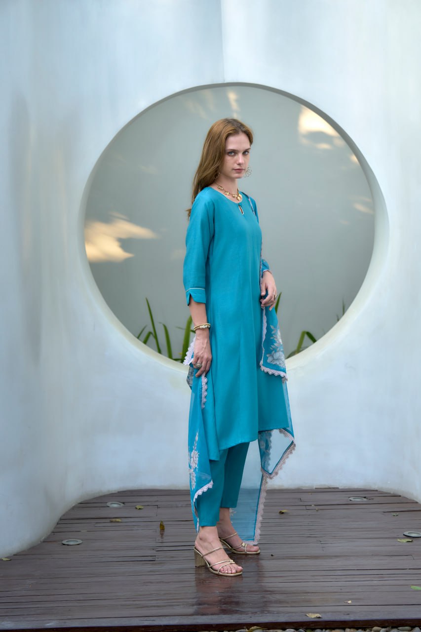 SKY BLUE VATICAN FABRIC KURTI SET WITH DUPATTA