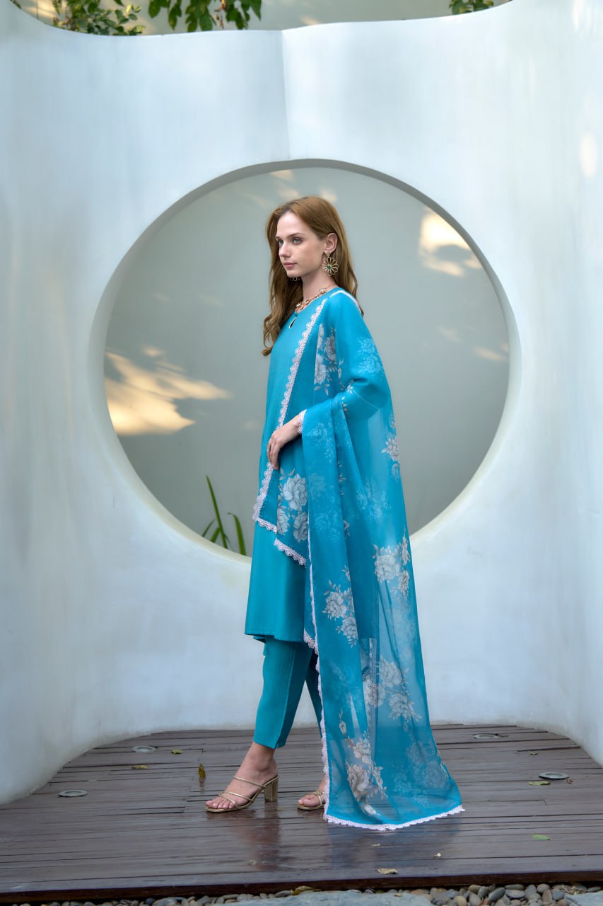 SKY BLUE VATICAN FABRIC KURTI SET WITH DUPATTA