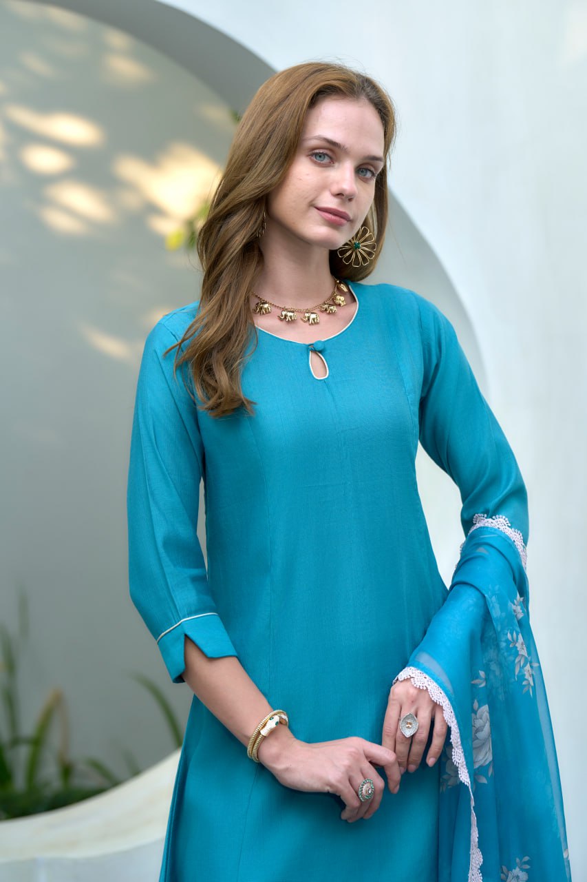 SKY BLUE VATICAN FABRIC KURTI SET WITH DUPATTA