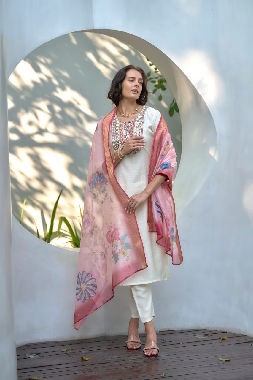 STRAIGHT WHITE KURTI PANT WITH DUPATTA