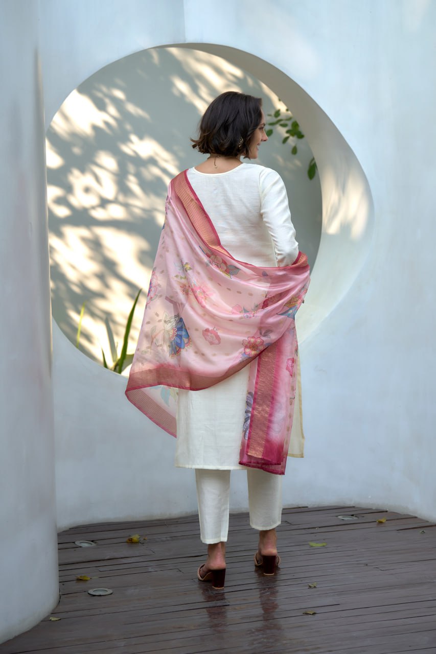 STRAIGHT WHITE KURTI PANT WITH DUPATTA