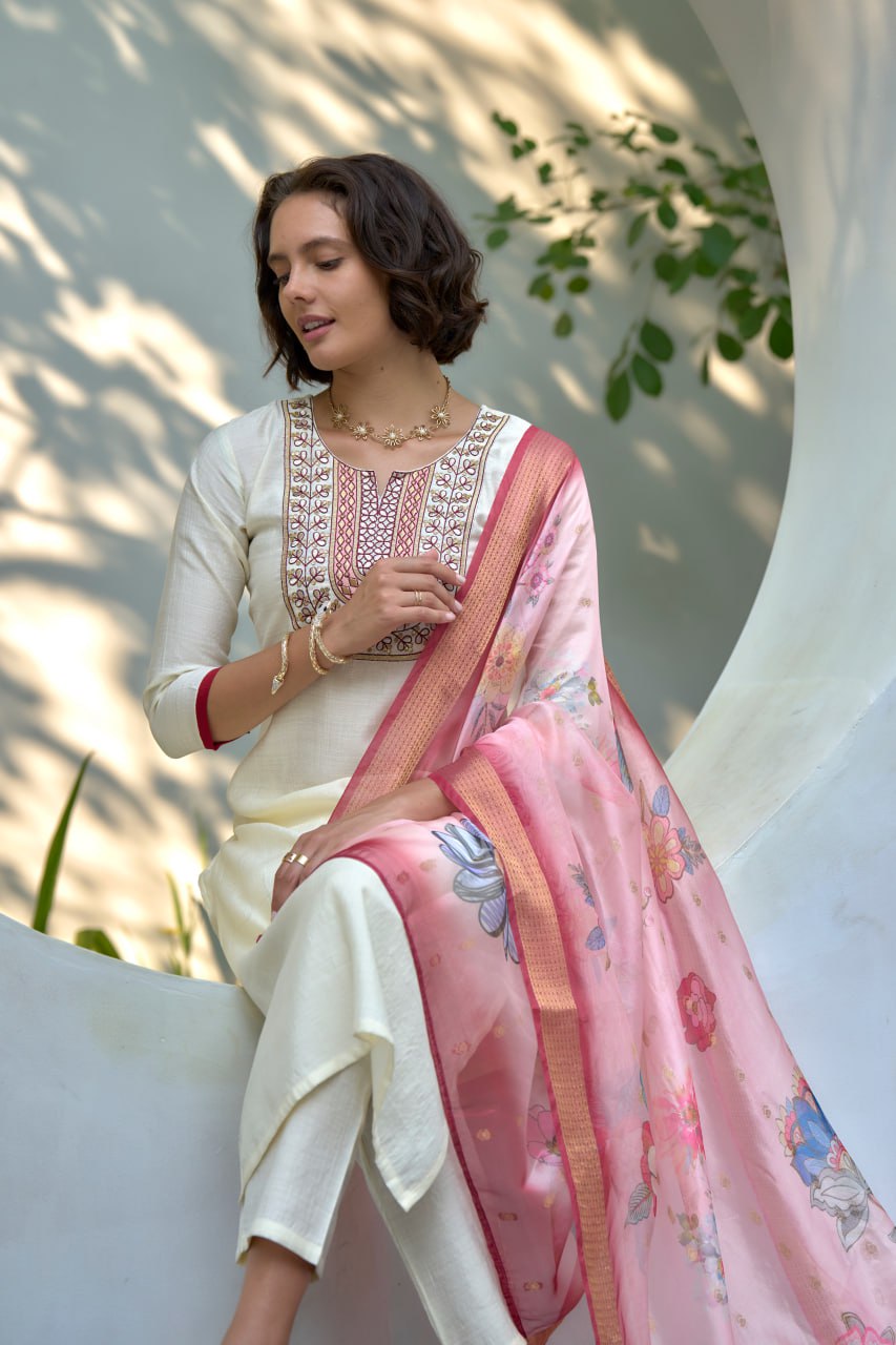 STRAIGHT WHITE KURTI PANT WITH DUPATTA