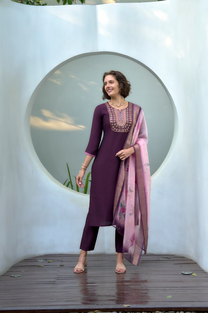 PURPLE STRAIGHT KURTI PANT WITH DUPATTA