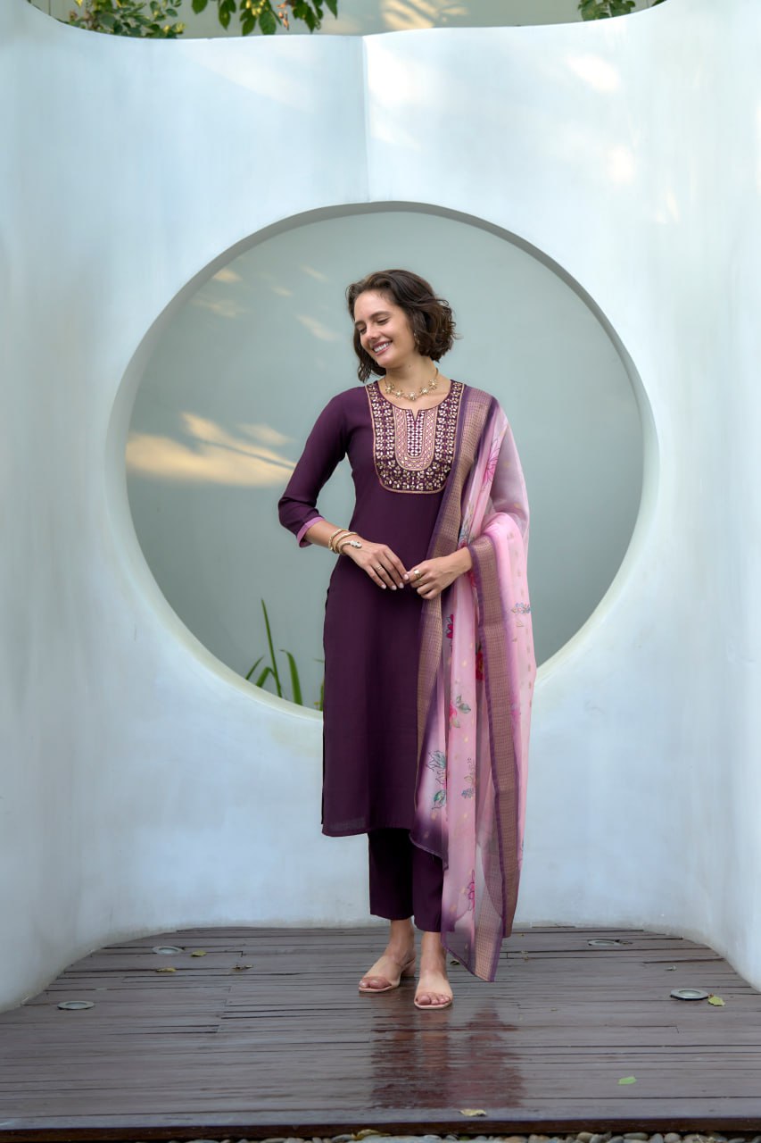 PURPLE STRAIGHT KURTI PANT WITH DUPATTA