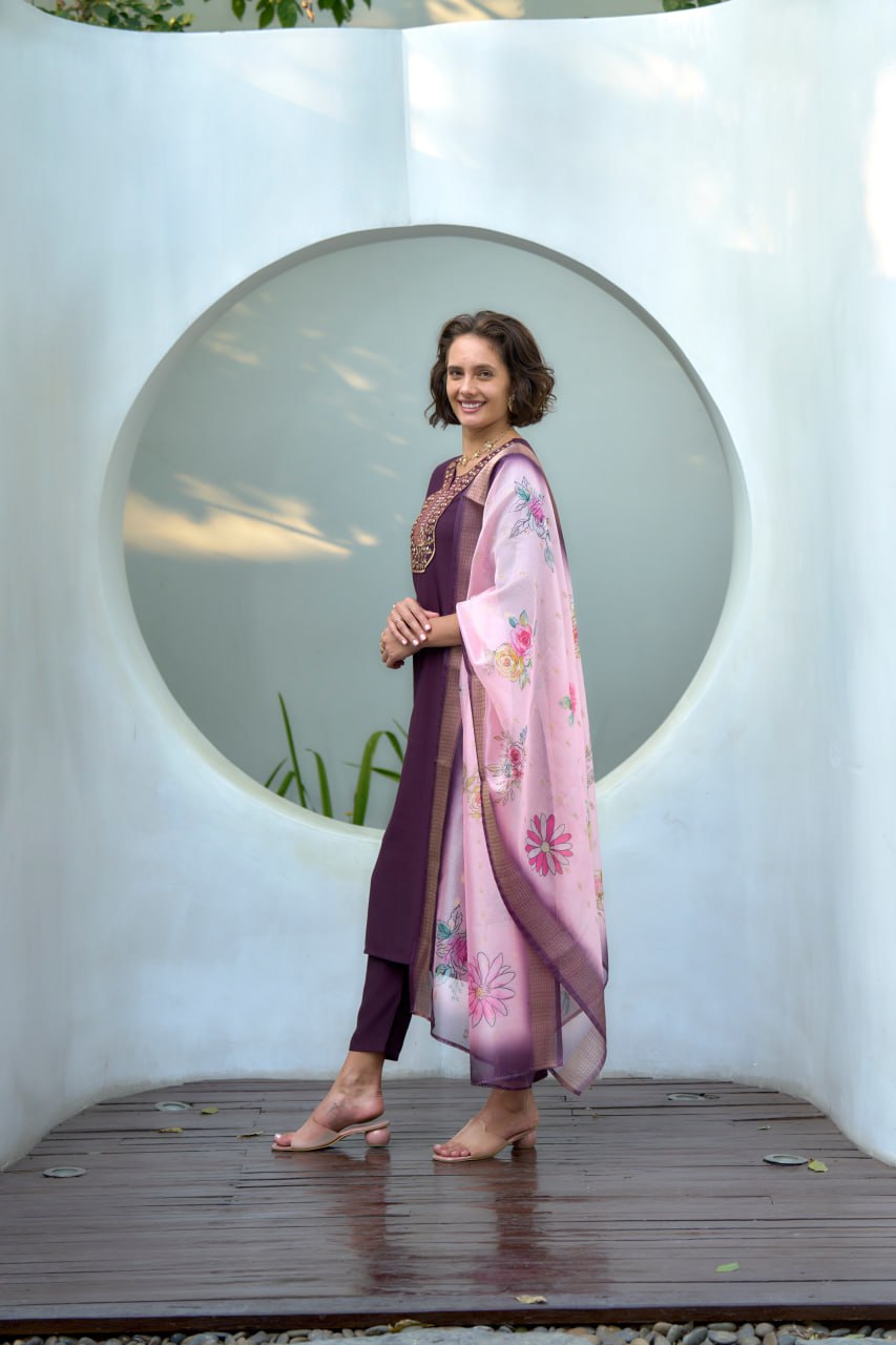 PURPLE STRAIGHT KURTI PANT WITH DUPATTA