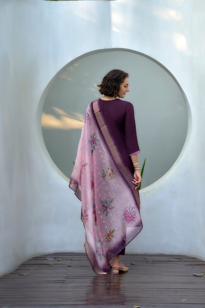 PURPLE STRAIGHT KURTI PANT WITH DUPATTA
