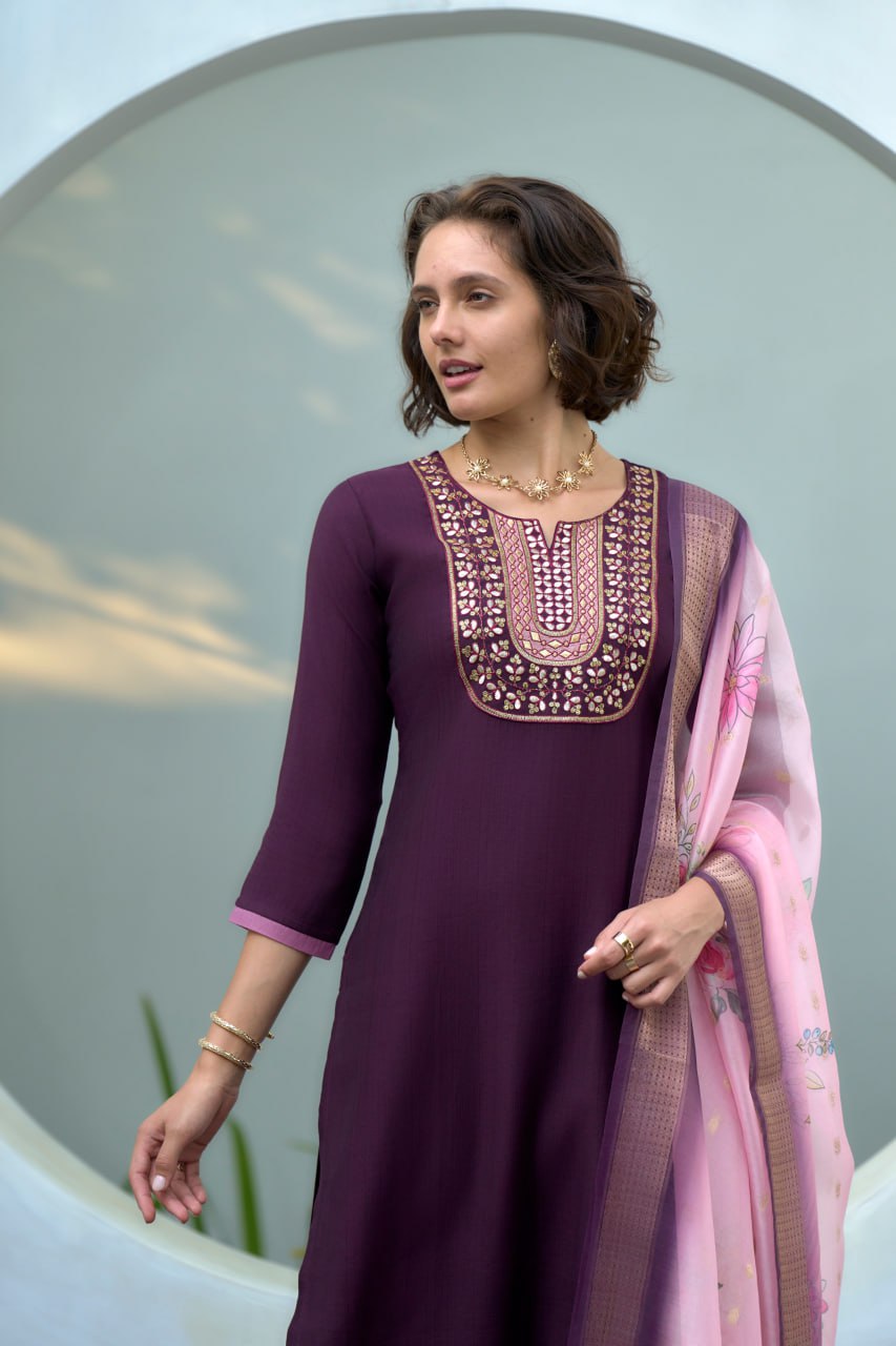PURPLE STRAIGHT KURTI PANT WITH DUPATTA