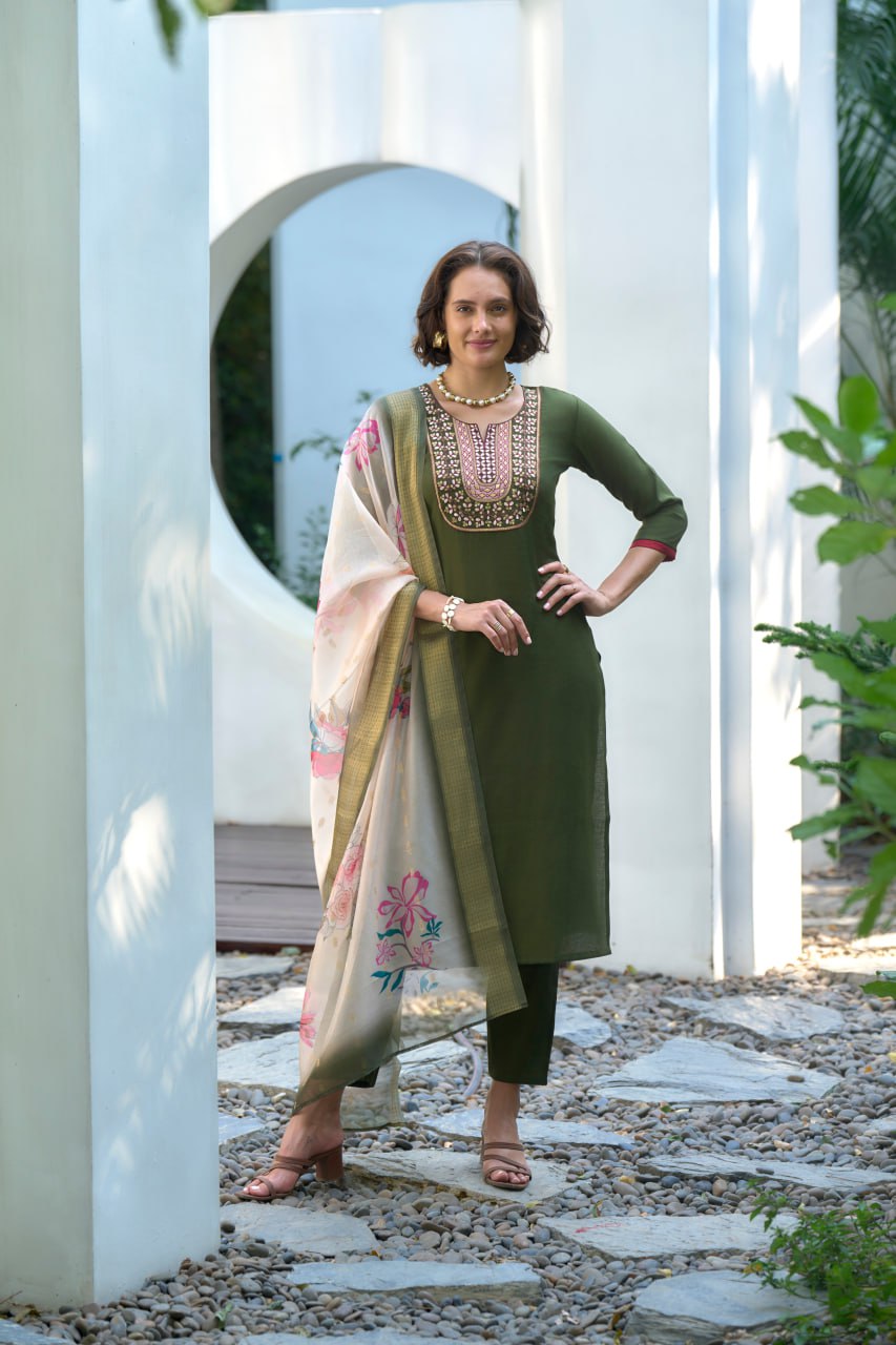 MEHENDI STRAIGHT KURTI PANT WITH DUPATTA