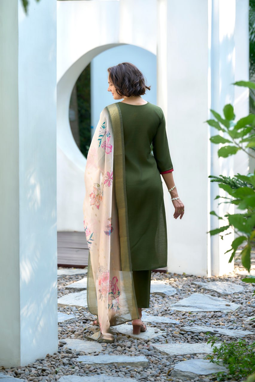 MEHENDI STRAIGHT KURTI PANT WITH DUPATTA