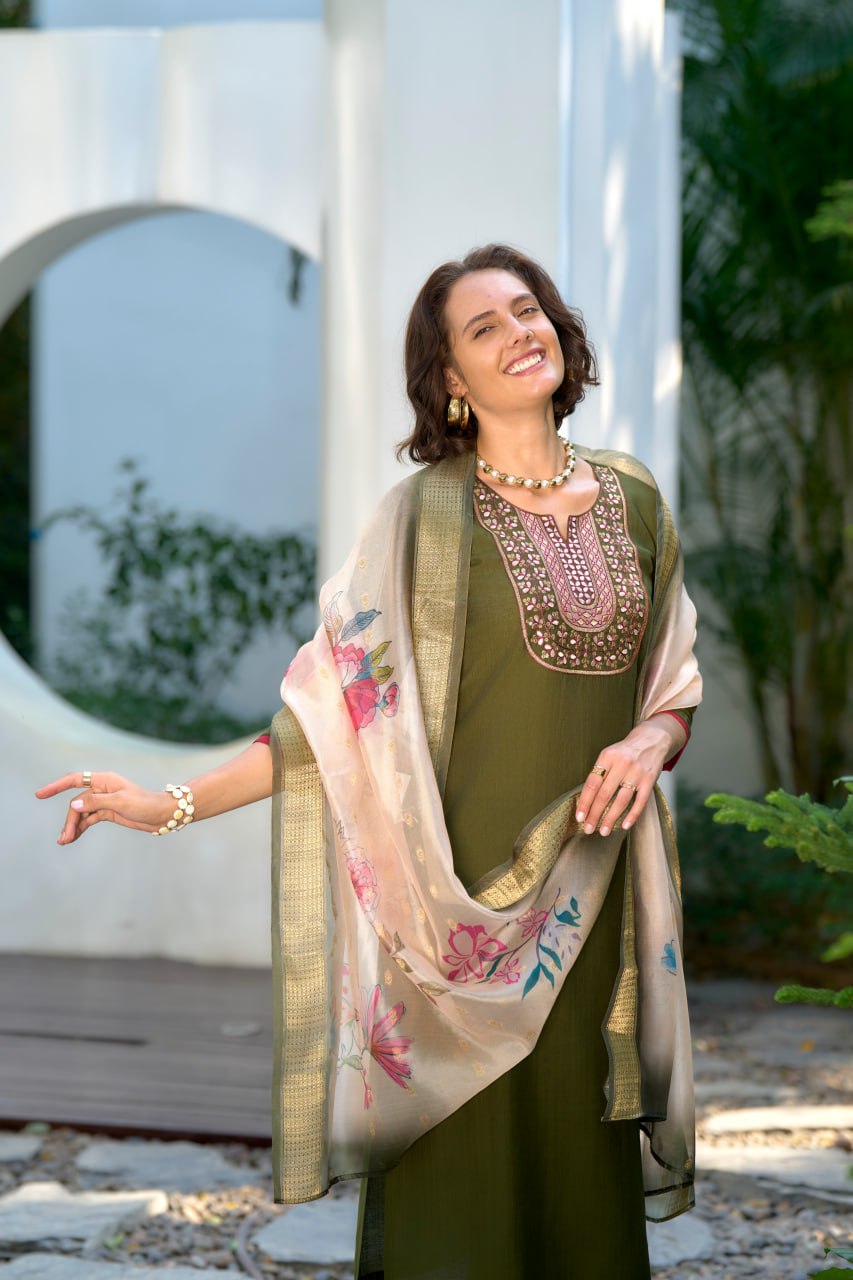 MEHENDI STRAIGHT KURTI PANT WITH DUPATTA