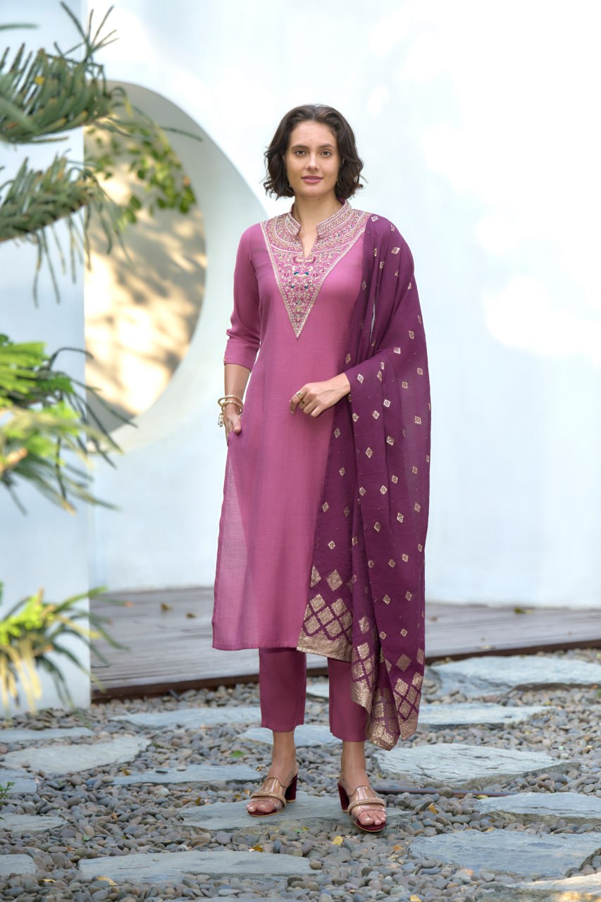 CHANDERI JACQUARD WITH EMBROIDERY WORK KURTI SET