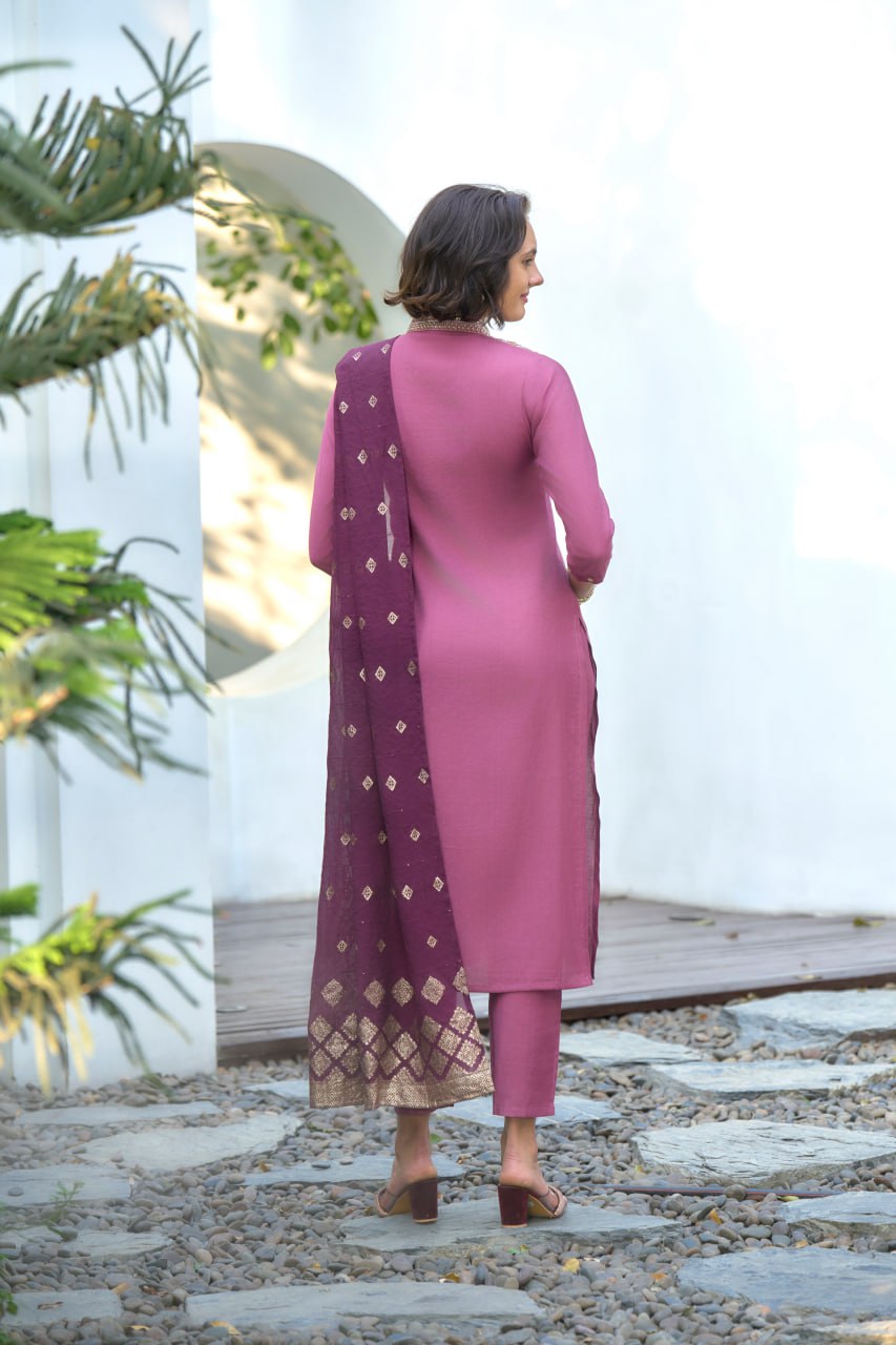 CHANDERI JACQUARD WITH EMBROIDERY WORK KURTI SET