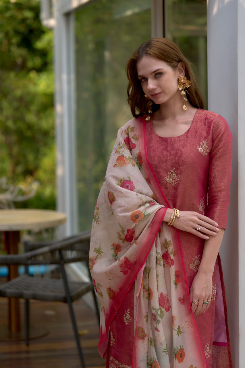 EMBROIDERY WORK TISSUE KURTI SET WITH DUPATTA