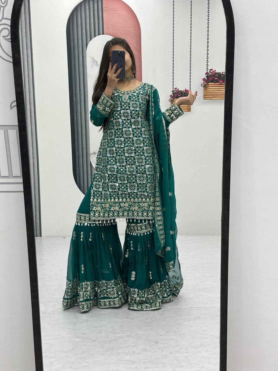 EMBROIDERY WORK TOP AND SARARA SET WITH DUPATTA