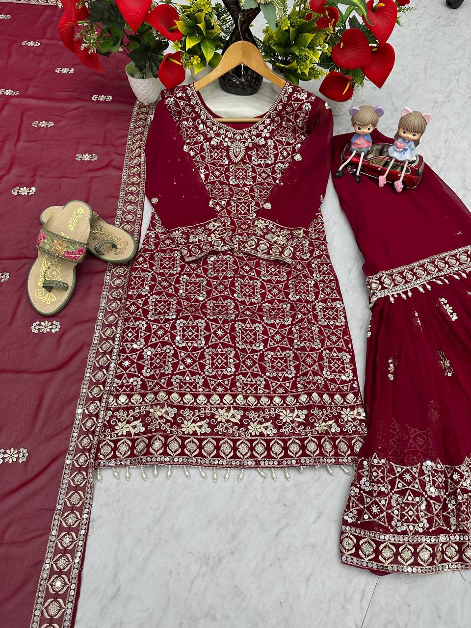 EMBROIDERY WORK TOP AND SARARA SET WITH DUPATTA