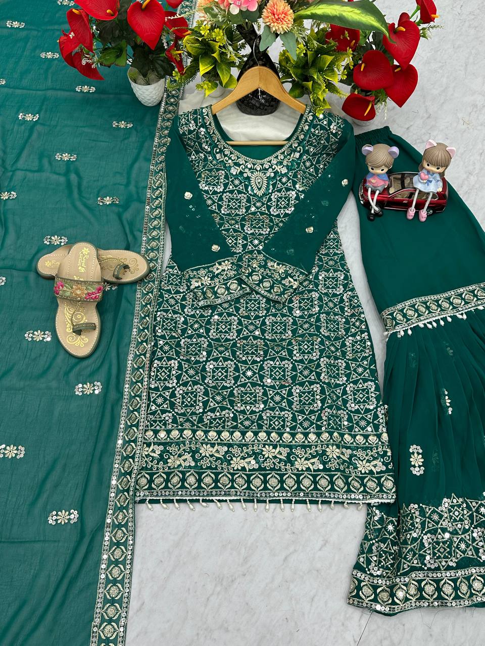 EMBROIDERY WORK TOP AND SARARA SET WITH DUPATTA
