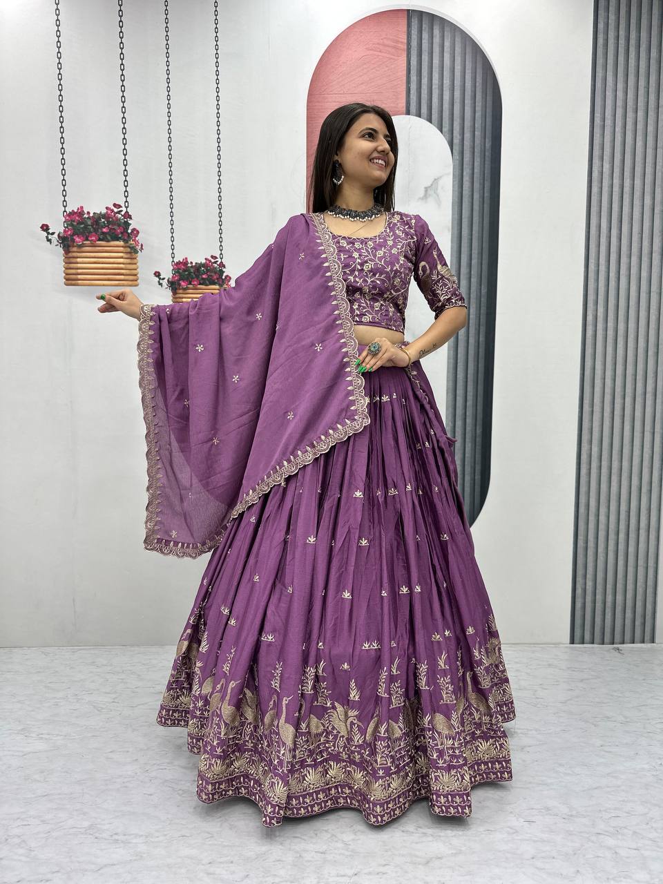 EMBROIDERY THREAD WORK CHINNON LEHENGA SET