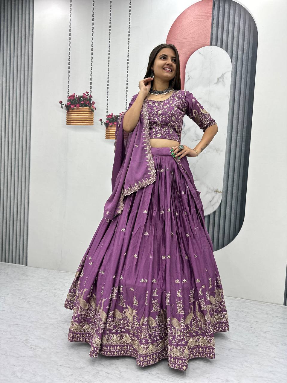 EMBROIDERY THREAD WORK CHINNON LEHENGA SET