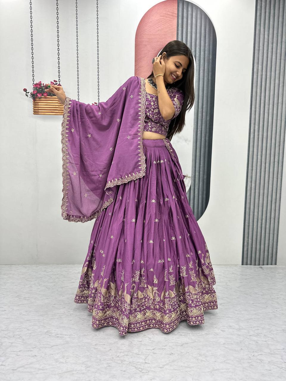 EMBROIDERY THREAD WORK CHINNON LEHENGA SET