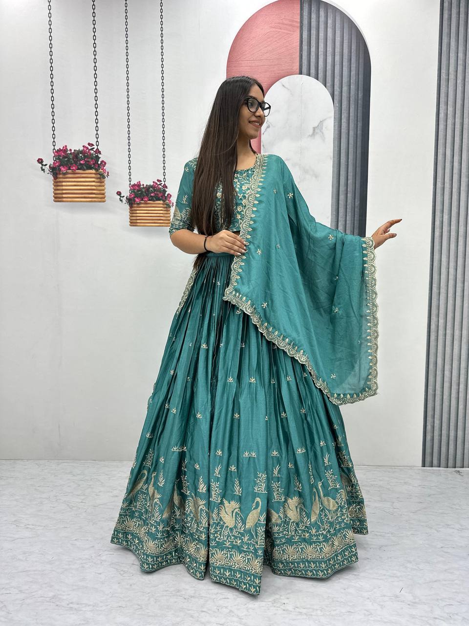 EMBROIDERY THREAD WORK CHINNON LEHENGA SET