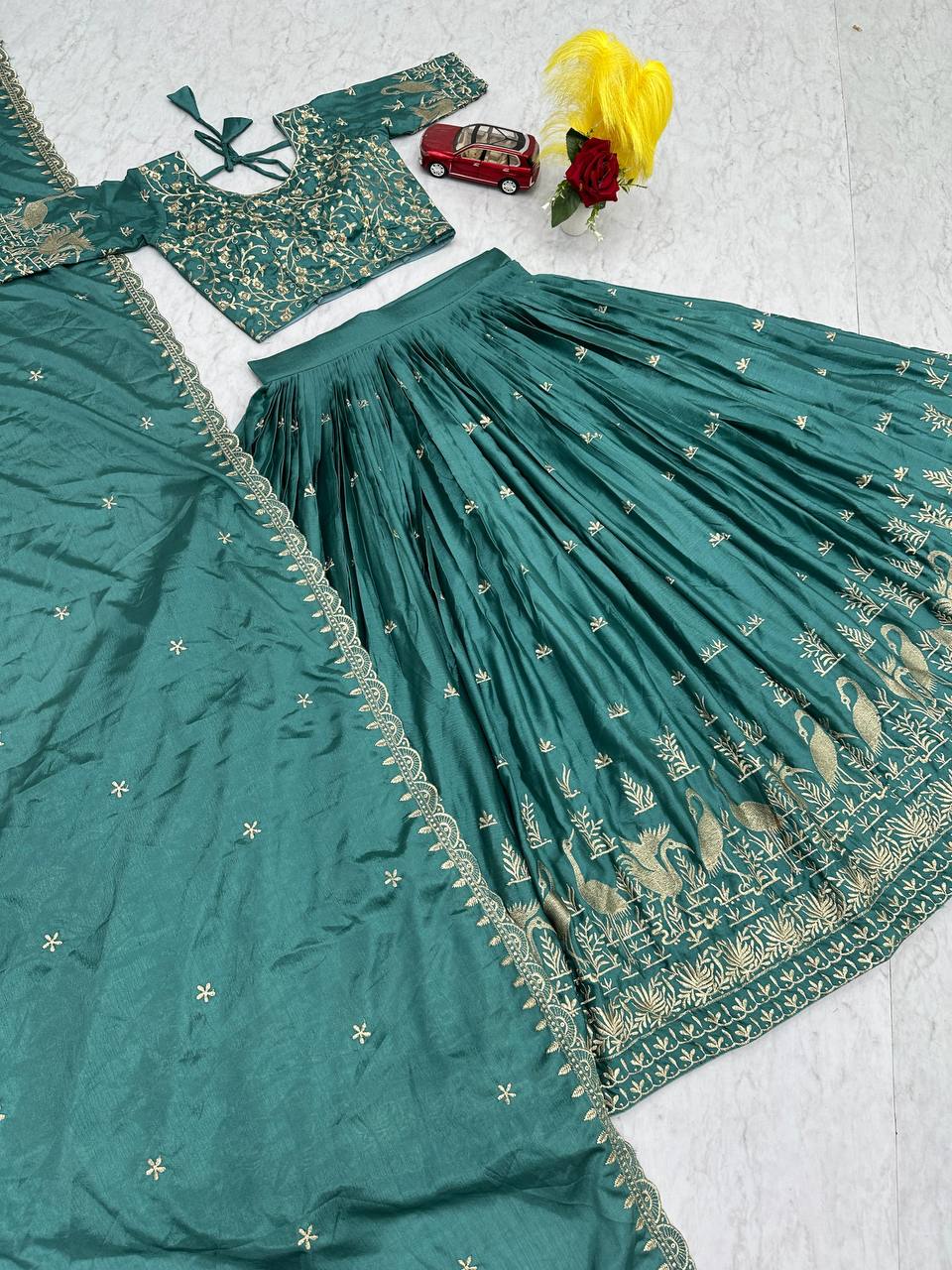 EMBROIDERY THREAD WORK CHINNON LEHENGA SET