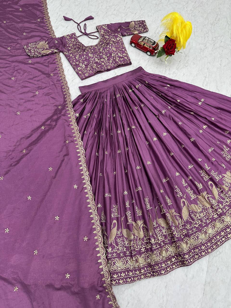 EMBROIDERY THREAD WORK CHINNON LEHENGA SET