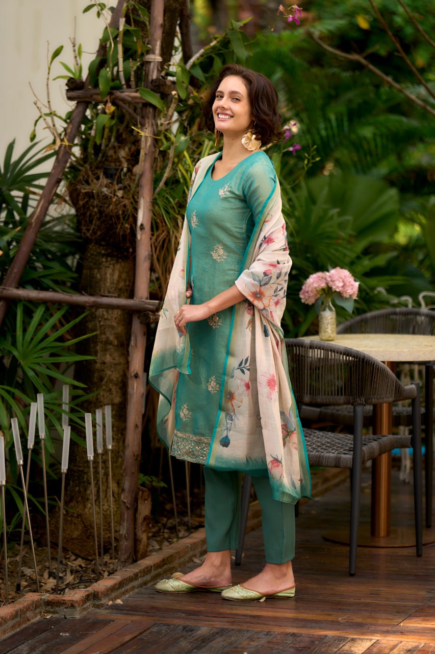 EMBROIDERY WORK TISSUE KURTI SET WITH DUPATTA