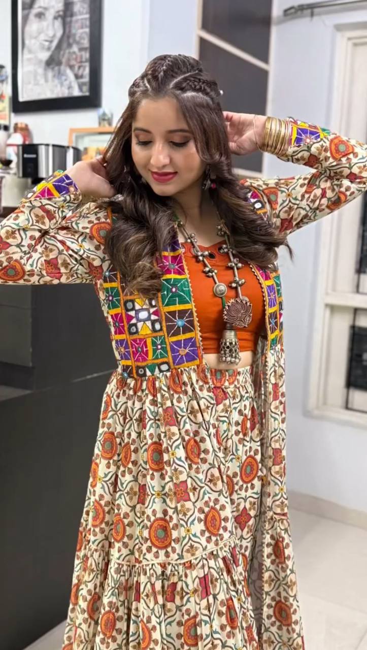 NAVRATRI SPECIAL LEHENGA CHOLI WITH 6 METER HEAVY FLAIR WITH SHRUG