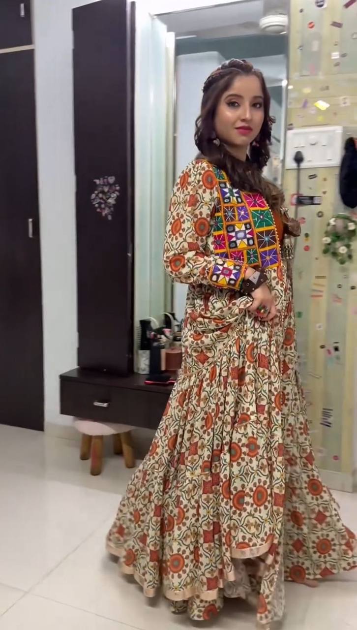 NAVRATRI SPECIAL LEHENGA CHOLI WITH 6 METER HEAVY FLAIR WITH SHRUG