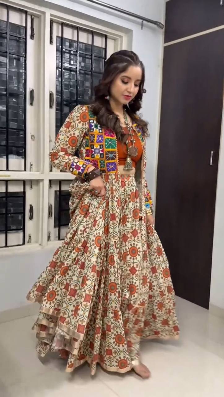 NAVRATRI SPECIAL LEHENGA CHOLI WITH 6 METER HEAVY FLAIR WITH SHRUG