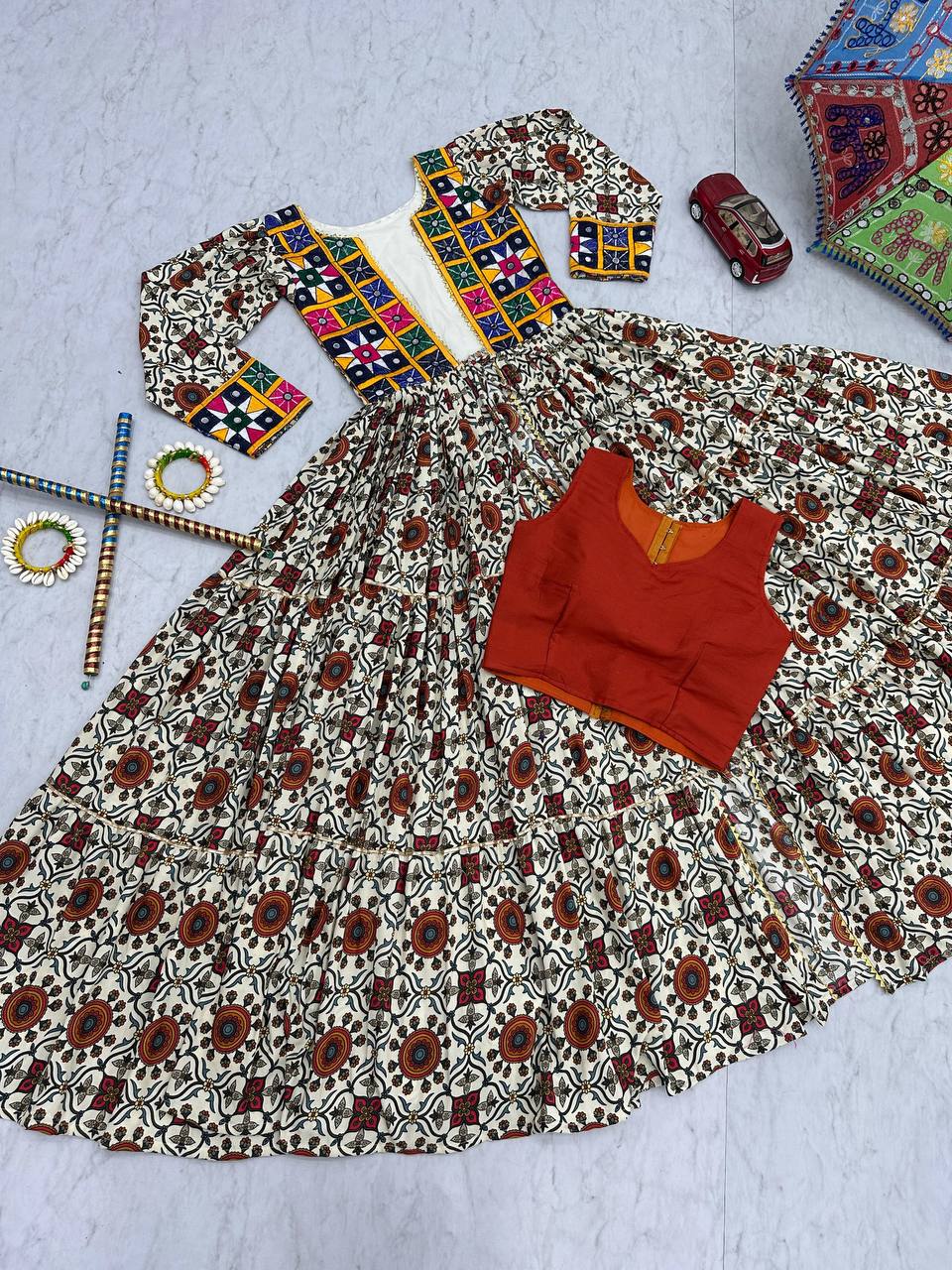 NAVRATRI SPECIAL LEHENGA CHOLI WITH 6 METER HEAVY FLAIR WITH SHRUG