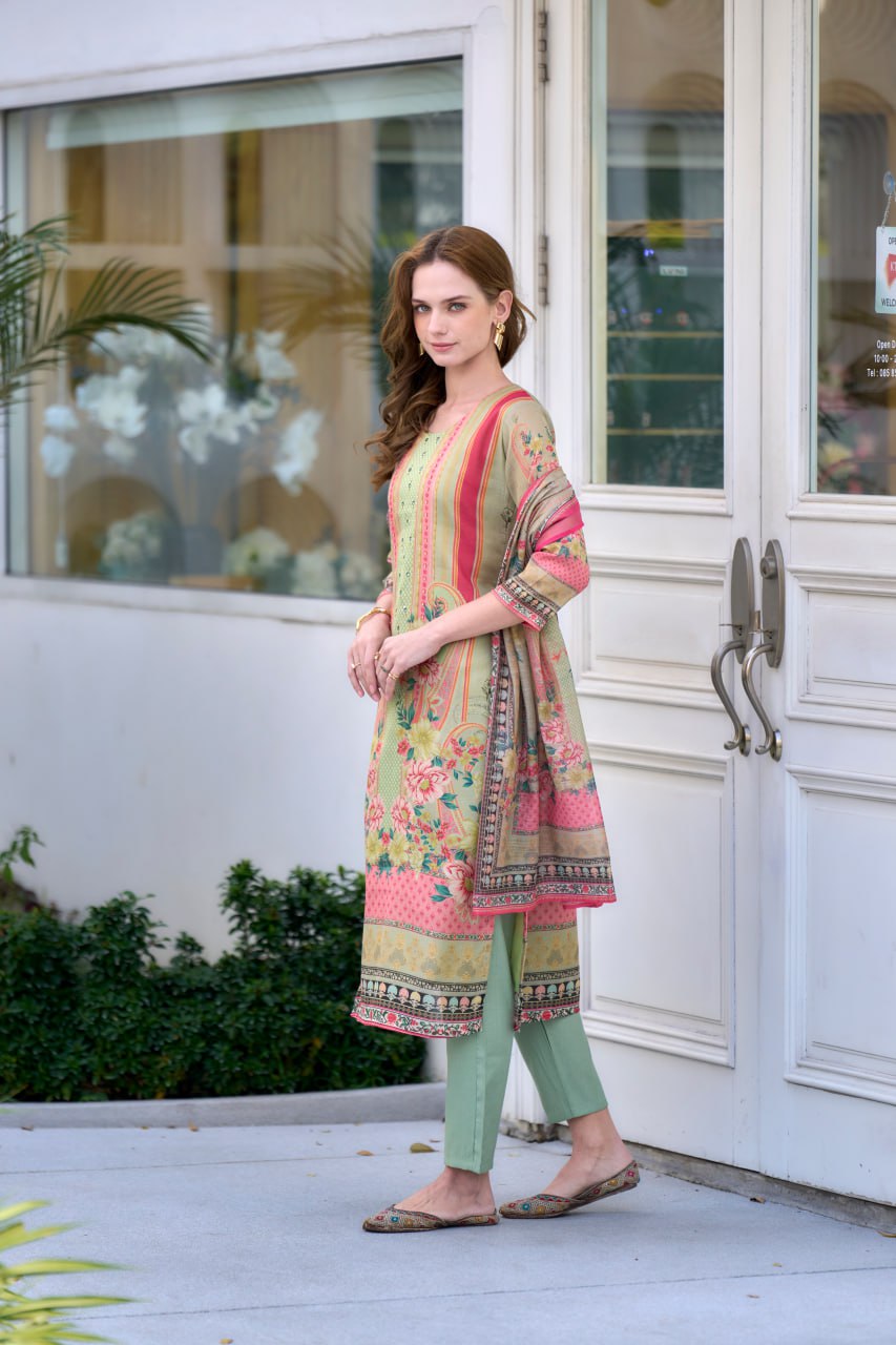 SILK BLEND EMBROIDERY KURTI PANT DUPATTA SET