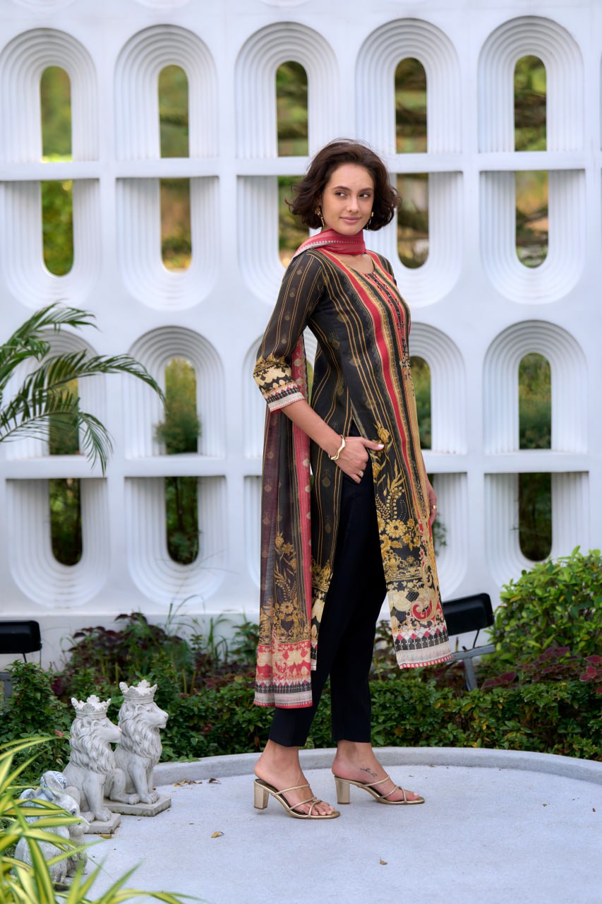 SILK BLEND BLACK EMBROIDERY KURTI PANT DUPATTA SET