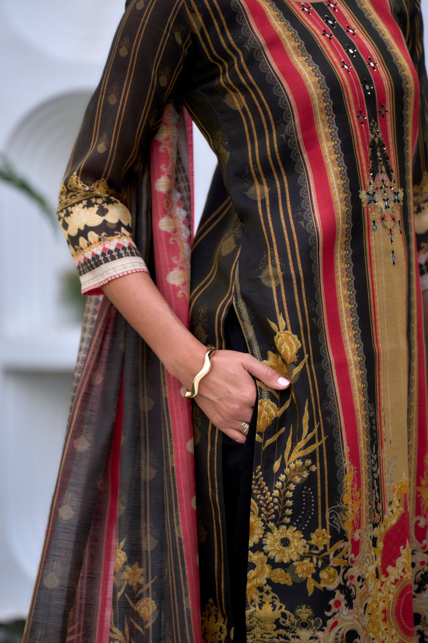 SILK BLEND BLACK EMBROIDERY KURTI PANT DUPATTA SET