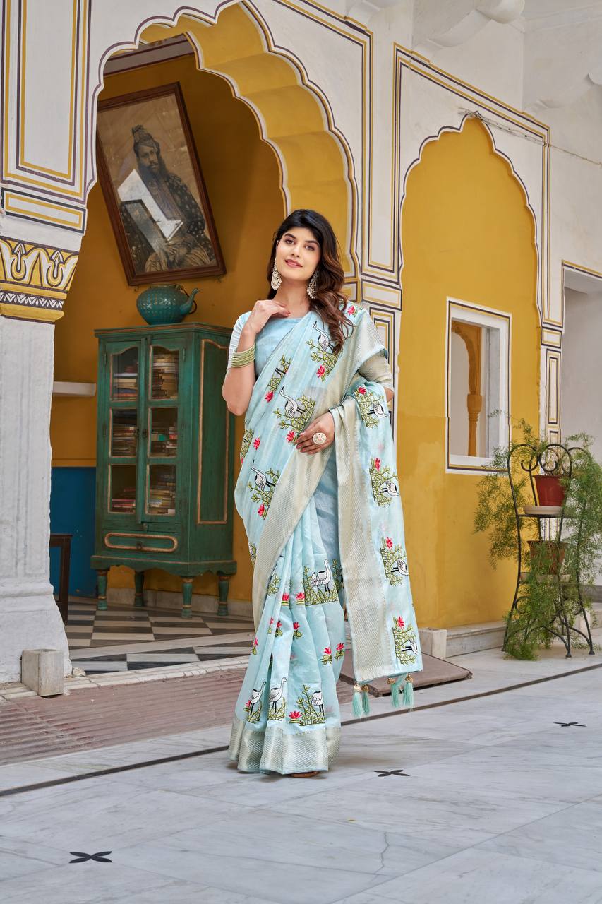 NEW LAUNCHING KOTA CRYSTAL SAREE WITH JACQUARD BORDER WITH EMBROIDERY WORK