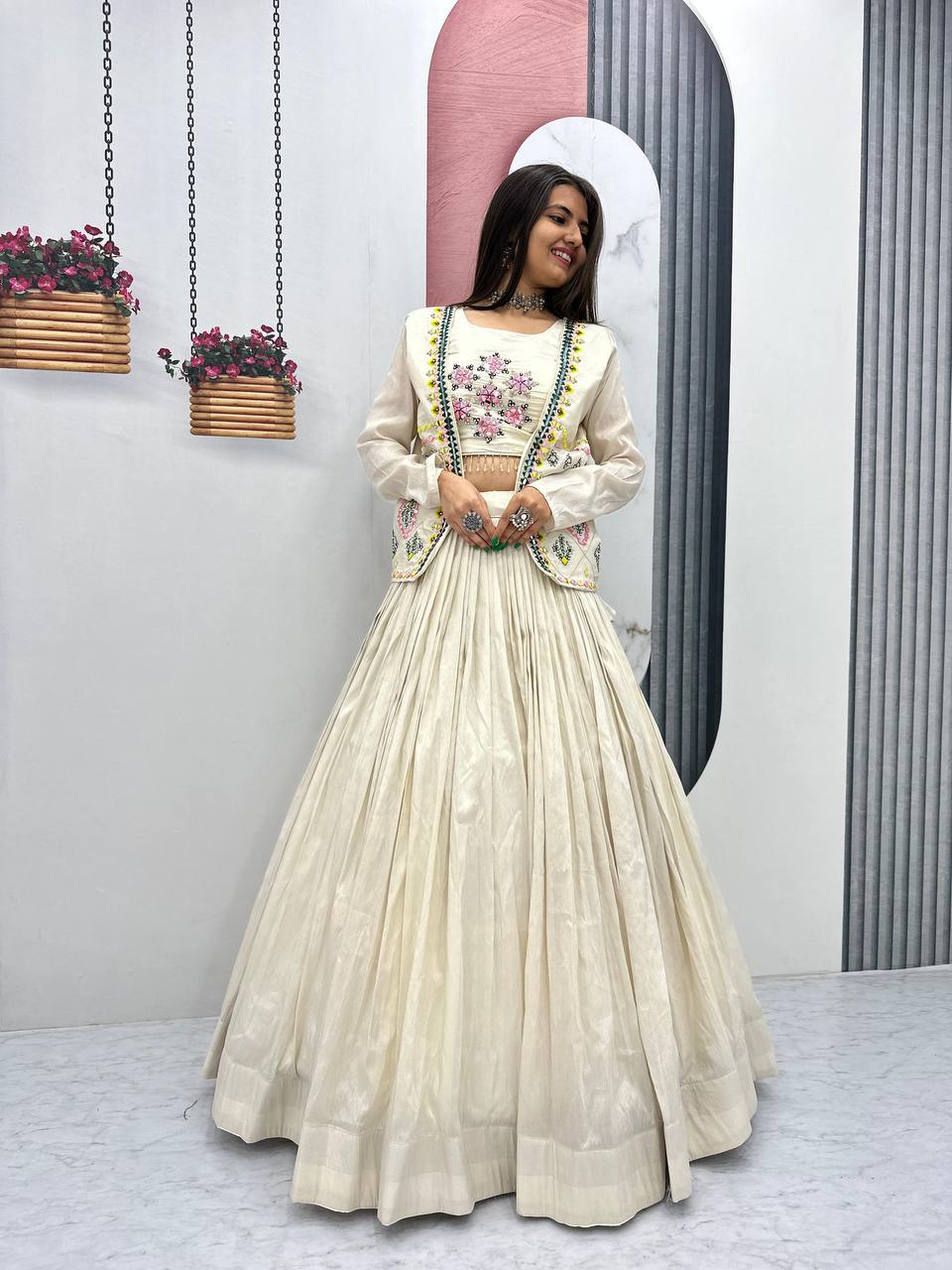 TISSUE SIMMER HANDWORK  LEHENGA CHOLI WITH JACKET