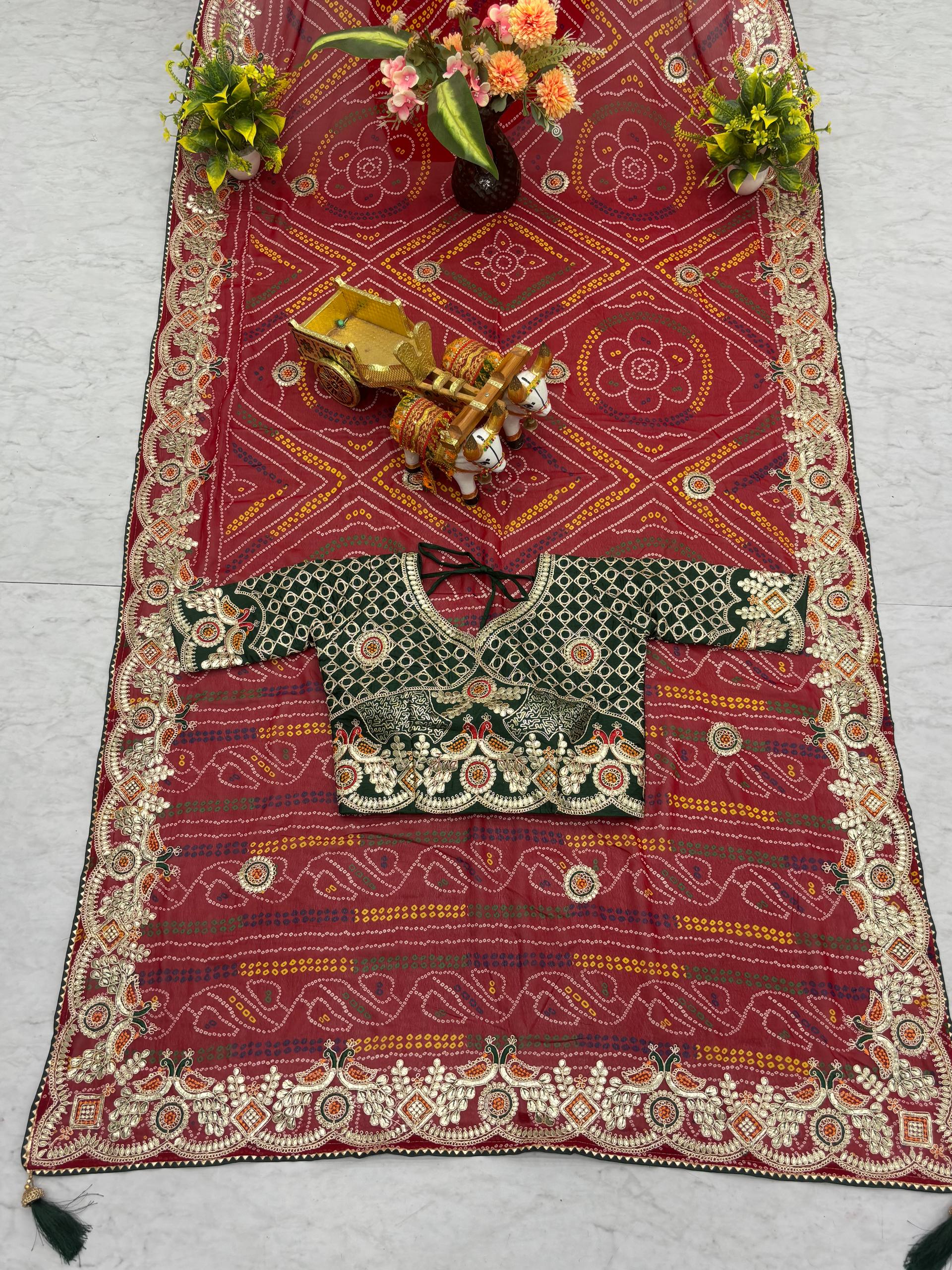 Pure Bandhrej Gota Patti work Saree